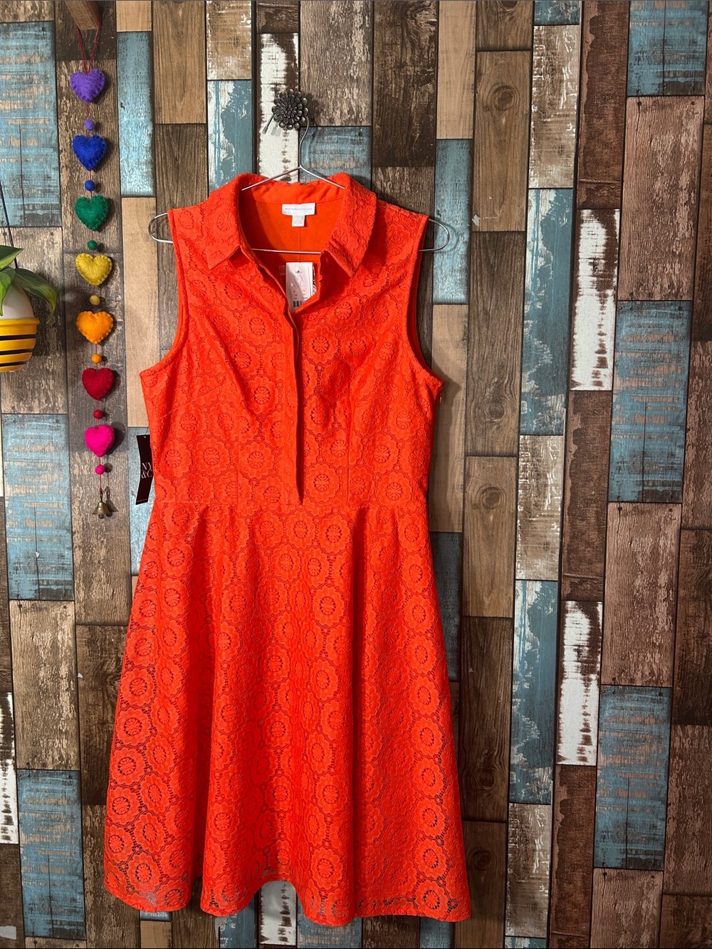 New York & Company Orange Lace Sleeveless Fit & Flare Dress